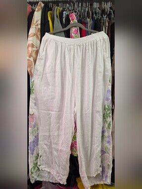 Women’s Italian White Linen Wide-Leg Pants with Floral Side Detail
